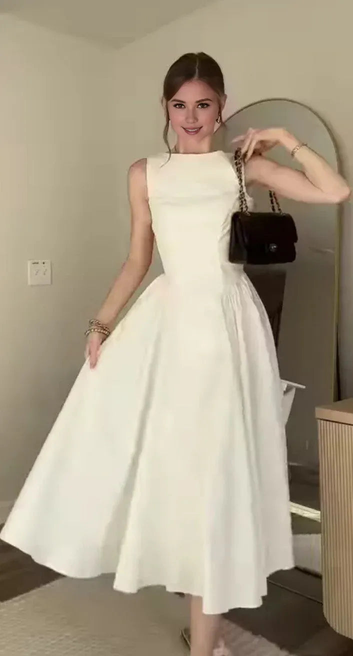 TingPo Wholesale Elegant Vintage A line Scoop Neckline White Satin Evening Dress Ankle Length Prom Dresses